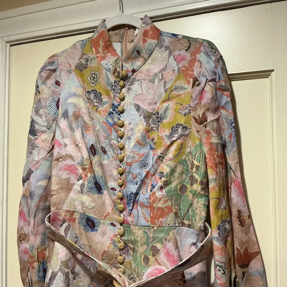 NWOT Zimmermann Belted Floral Print Linen Mini Dress Pastel Sz 3 - Picture 7 of 16